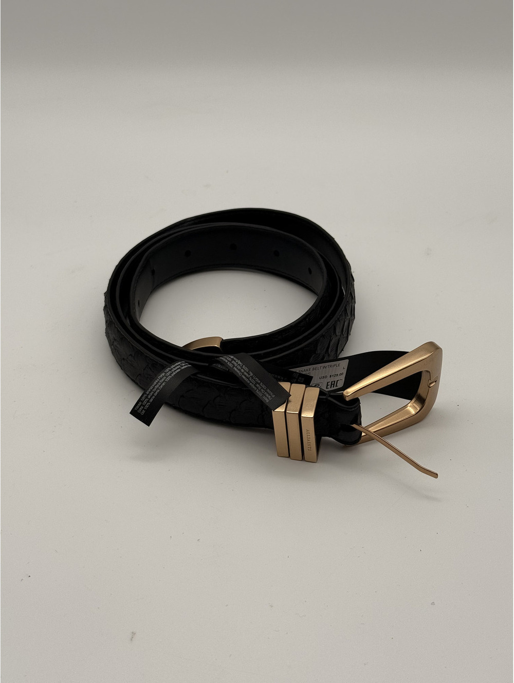 AllSaints Black Textured Leather Belt with Gold Buckle